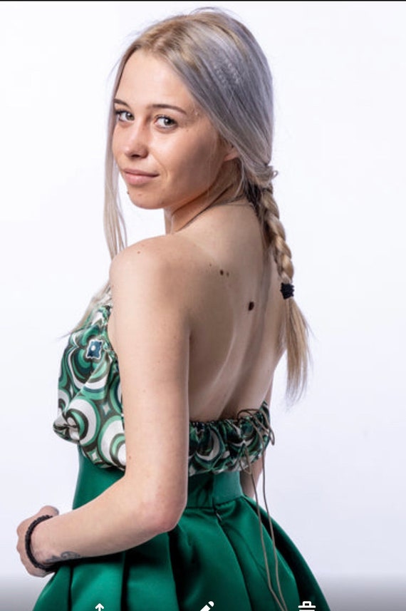 Emerald Green Two Piece Set: Floral Gala Skirt & Crop Top