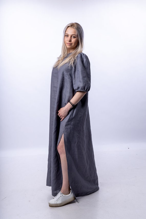 Linen Maxi Dress: Gray Oversized Sleeve Long Dress, Plus Size Summer Outfit