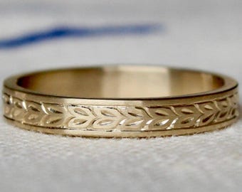 Floral Wedding Band 14K Solid Gold, Botanical Ring for Women, Minimalist Nature Inspired Vintage Ring, Gift for Wife