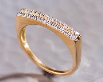 Gold Flat Bar Ring, 14K Solid Gold Bar Ring, Pave Cubic Zirconia Bar Ring, Dainty Gold Flat Ring, Gold Engagement Ring Women, Christmas Gift