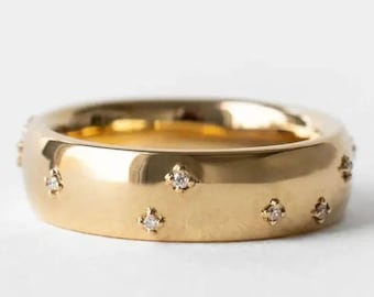 Anillo de diamantes de oro macizo de 4 mm • Alianza de bodas ancha con forma de cigarro • Banda de cúpula de ajuste cómodo para mujeres • Anillo grueso de oro amarillo de 10 k, 14 k y 18 k