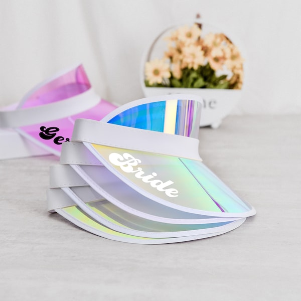 Personalisierte holographische Visiere, Strand Bachelorette Geschenke, Pool Party Favors, Strand Hochzeitsgeschenk, Brautjungfern Hut, Junggesellinnenabschied Sonnenvisiere