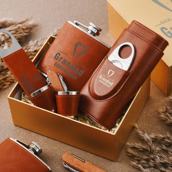 Personalized Engraved Leather Flask and Humidor-Bottle Opener Set,Personalized Flask Set for Groomsmen,Custom Gift for Boyfriend or Husband