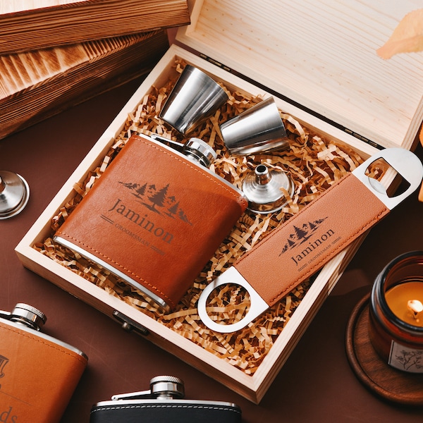 Personalized Engraved Leather Flask and Bottle Opener Set,Personalized Flask Set for Groomsmen,Custom Gift for Boyfriend or Husband