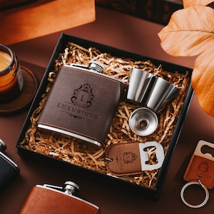 Personalized Engraved Leather Flask and Keychain Bottle Opener Set,Personalized Flask Set for Groomsmen,Custom Gift for Boyfriend or Husband