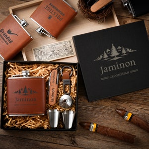 Personalized Engraved Leather Flask and Keychain Multi-Tool Set,Personalized Flask Set for Groomsmen,Custom Gift for Boyfriend or Husband