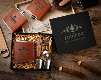 Personalized Engraved Leather Flask and Keychain Multi-Tool Set,Personalized Flask Set for Groomsmen,Custom Gift for Boyfriend or Husband