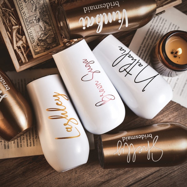 Gepersonaliseerde Champagne Tumbler, bruidsmeisje fluit, Bachelorette Wine Glass Party, Huwelijkscadeau, Bruidsmeisje Geschenken voor haar, Tumbler met deksel