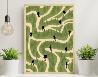 Retro Outdoor hiking wall art PRINTABLE, Digital download, Vintage hiking art, Hiking wall art, Mountain hiking, Forest Themed Home Decor