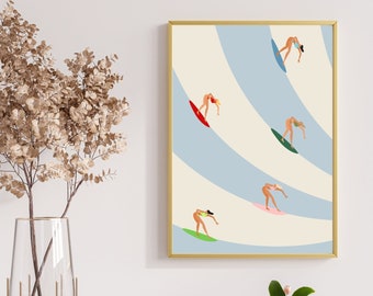 Retro Surf Wand Kunst DRUCKBAR, Frauen Surf Wandkunst, Frau Surf Poster, Vintage Surf Poster, Surfer Druck DIGITAL DOWNLOAD