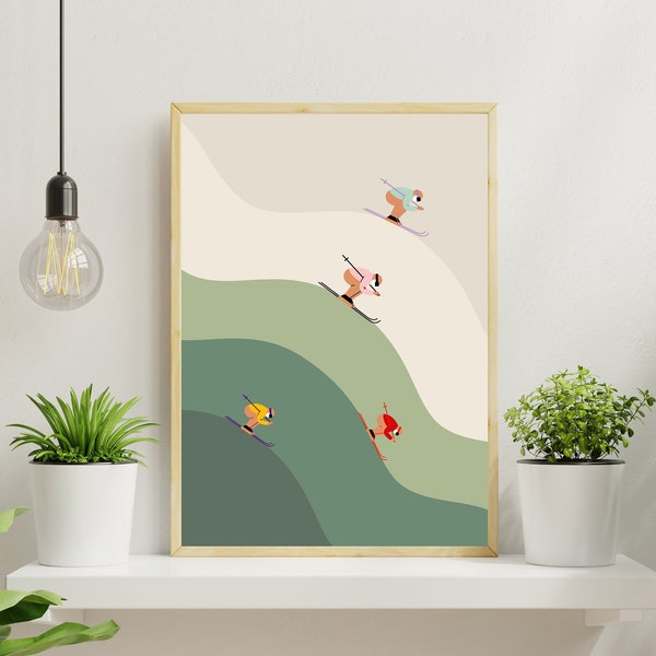 Arte mural de esquí retro imprimible, arte mural, impresión gráfica, póster de esquí, póster de esquí vintage, arte mural de montaña de esquí, descarga digital