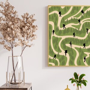 May include: A green and beige illustration of a winding path through a forest with hikers walking along the path. The hikers are all wearing backpacks and are silhouetted in black.
