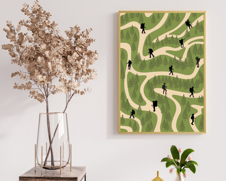May include: A green and beige illustration of a winding path through a forest with hikers walking along the path. The hikers are all wearing backpacks and are silhouetted in black.