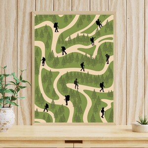 May include: A digital illustration of a winding path through a forest with multiple hikers walking along the path. The path is beige and the forest is green. The hikers are all black silhouettes.