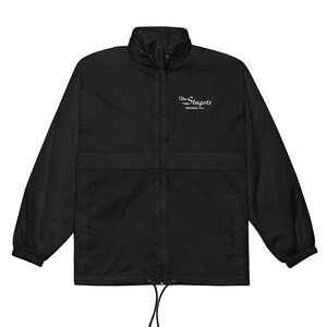 May include: Black jacket with a high collar and a full-length zipper. The jacket has a drawstring at the bottom and a small white logo that reads "The Stugots, Belmar, NJ."