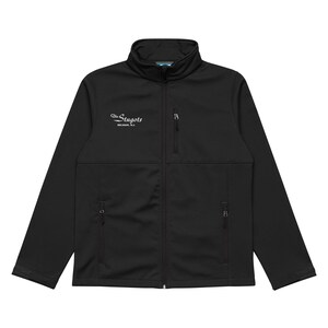 May include: Black softshell jacket with a full zipper, two side pockets, and a chest pocket. The jacket has a high collar and the text "The Stugots, Belmar, NJ" in white on the left chest.