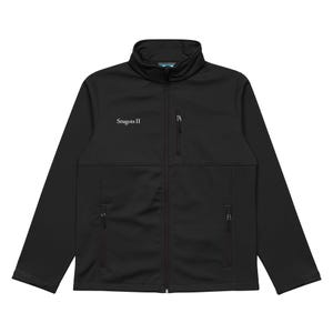 May include: Black zip-up jacket with a high collar and multiple pockets. The jacket features the text "Stugots II" in white on the upper left chest. The jacket has a full-length zipper and a sleek, modern design.