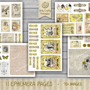 Op de afbeelding: Een set van 58 afdrukbare digitale ephemera-pagina's met vintage illustraties, tekst en decoratieve elementen. De pagina's zijn in een cr&egrave;me en gele kleurschema met bloemmotieven. De pagina's zijn perfect voor scrapbooking, kaartmaken en andere knutselprojecten.