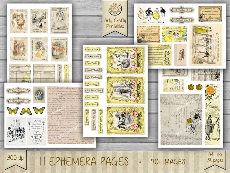 Op de afbeelding: Een set van 58 afdrukbare digitale ephemera-pagina's met vintage illustraties, tekst en decoratieve elementen. De pagina's zijn in een cr&egrave;me en gele kleurschema met bloemmotieven. De pagina's zijn perfect voor scrapbooking, kaartmaken en andere knutselprojecten.