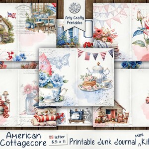 Puede incluir: Kit de diario de chatarra imprimible con un tema de cottagecore. El kit incluye 30 páginas de papeles digitales con colores rojo, blanco y azul, diseños florales e imágenes americanas. Los papeles están diseñados para su uso en un diario de tamaño carta de EE. UU.