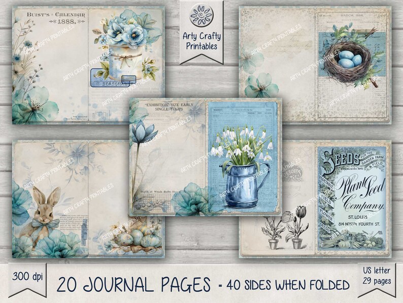 Spring Shabby Blue 29 Page Junk Journal Printable Kit, Tulips, Blossom ...