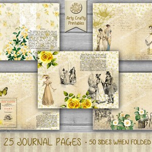 Op de afbeelding: Een set van 25 printbare journalpagina's met vintage illustraties van vrouwen in jurken, bloemen en tekst. De pagina's zijn ontworpen om doormidden te worden gevouwen, waardoor 50 zijden voor journalen ontstaan. De pagina's zijn 300 dpi en zijn geschikt voor A4-papier.