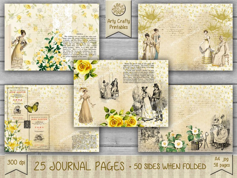 Op de afbeelding: Een set van 25 printbare journalpagina's met vintage illustraties van vrouwen in jurken, bloemen en tekst. De pagina's zijn ontworpen om doormidden te worden gevouwen, waardoor 50 zijden voor journalen ontstaan. De pagina's zijn 300 dpi en zijn geschikt voor A4-papier.