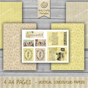 Op de afbeelding: Vier afdrukbare pagina's in een geel en beige kleurenschema met een bloemenpatroon, strepen en tekst. De tekst bevat "Arty Crafty Printables", "Emma" en "300 dpi". De pagina's zijn ontworpen voor gebruik als boekomslagen of eindpapieren.