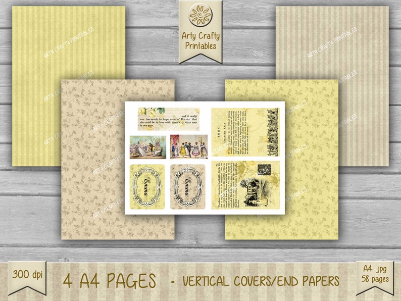 Op de afbeelding: Vier afdrukbare pagina's in een geel en beige kleurenschema met een bloemenpatroon, strepen en tekst. De tekst bevat "Arty Crafty Printables", "Emma" en "300 dpi". De pagina's zijn ontworpen voor gebruik als boekomslagen of eindpapieren.