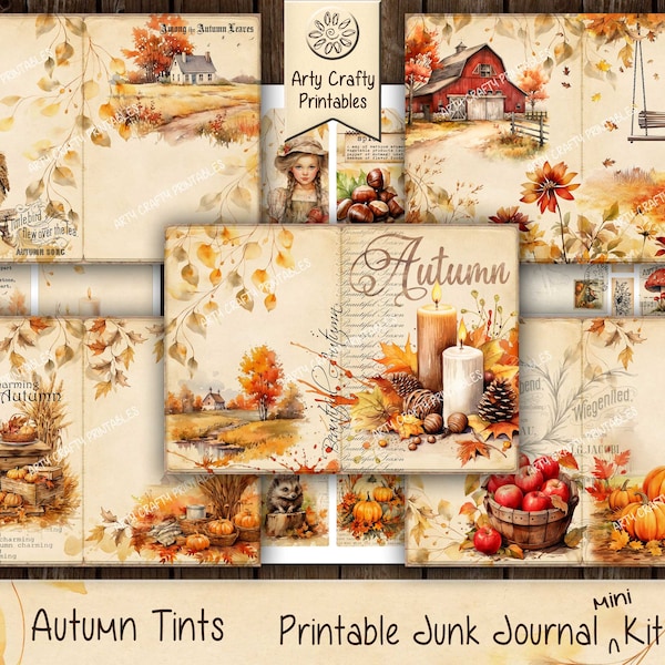 Autumn Tints 29 page Junk Journal Printable mini Kit, Fall, Harvest, Pumpkins, Country, Farm, Decoupage, Nature, Patchwork, DIGITAL DOWNLOAD