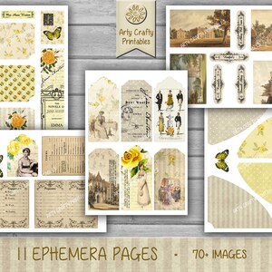 Op de afbeelding: Een digitaal printbaar ephemera-pakket met meer dan 70 afbeeldingen in een vintage stijl met gele rozen, vlinders en tekst. De afbeeldingen zijn in een lichtgeel, bruin en wit kleurenschema. Het pakket bevat danskaarten, labels en andere ephemera.