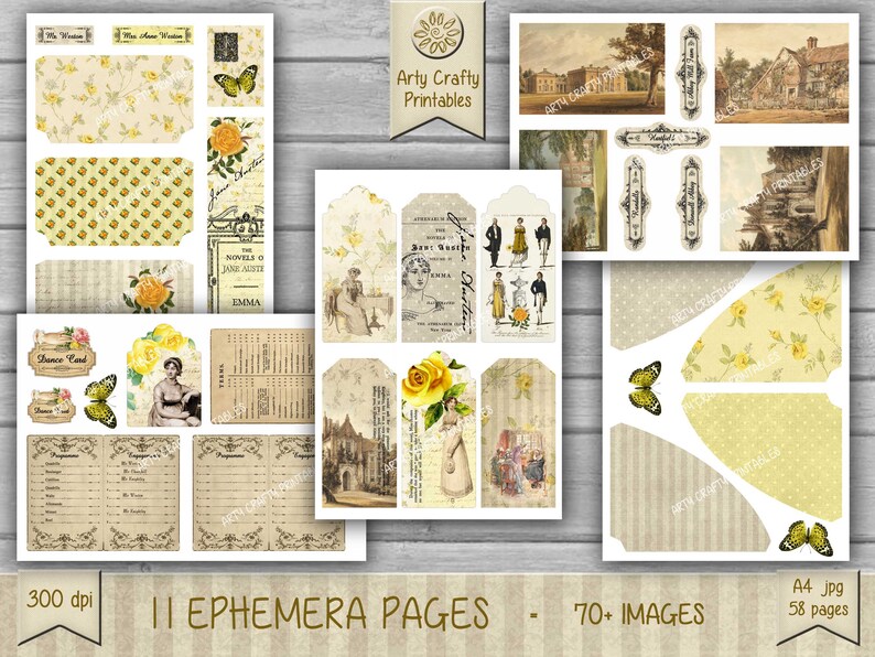 Op de afbeelding: Een digitaal printbaar ephemera-pakket met meer dan 70 afbeeldingen in een vintage stijl met gele rozen, vlinders en tekst. De afbeeldingen zijn in een lichtgeel, bruin en wit kleurenschema. Het pakket bevat danskaarten, labels en andere ephemera.
