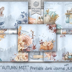 May include: A printable junk journal kit featuring a blue and white autumn mist theme. The kit includes 27 pages of digital papers with images of owls, pumpkins, flowers, and autumn leaves. The kit is ideal for creating a unique and personalised journal.