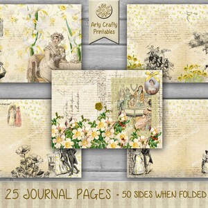 Op de afbeelding: Een set van 25 printbare journalpagina's met vintage illustraties van mensen, bloemen en tekst. De pagina's zijn ontworpen om doormidden te worden gevouwen, waardoor 50 zijden voor journalen ontstaan. De pagina's zijn 300 dpi en zijn geschikt voor A4-papier.