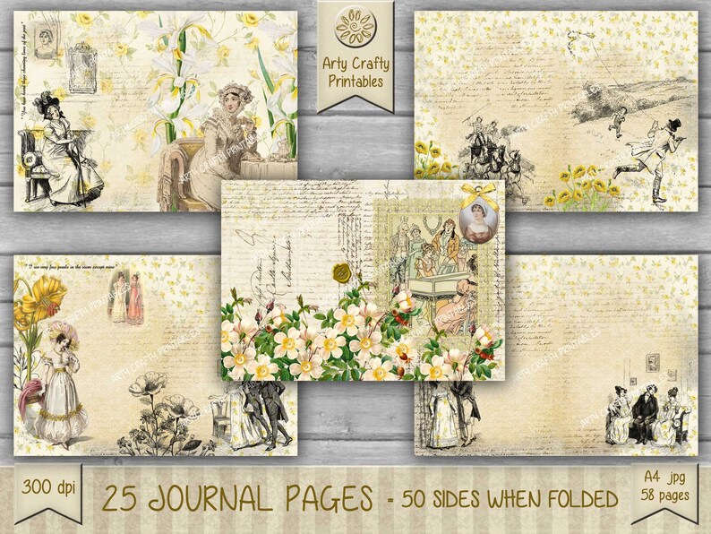 Op de afbeelding: Een set van 25 printbare journalpagina's met vintage illustraties van mensen, bloemen en tekst. De pagina's zijn ontworpen om doormidden te worden gevouwen, waardoor 50 zijden voor journalen ontstaan. De pagina's zijn 300 dpi en zijn geschikt voor A4-papier.