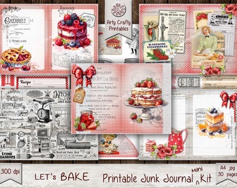 Op de afbeelding: Een printable junk journal kit met een bakthema. De kit bevat 30 pagina's met digitale papieren met afbeeldingen van taarten, gebak, kersen, aardbeien en andere bakgerelateerde items. De papieren zijn ontworpen in een vintage stijl met rood-witte ruitjespatronen en stippen. De kit is perfect voor het maken van een uniek en gepersonaliseerd junk journal.