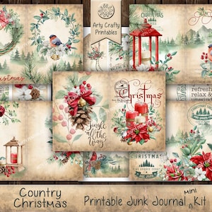 Country Christmas 28 page Junk Journal Printable mini Kit, Cabin, Advent, Festive, Mountain, Birds, Forest, Holiday, DIGITAL DOWNLOAD