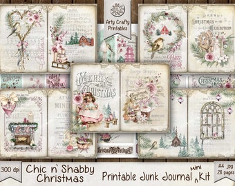 Op de afbeelding: Een printable junk journal kit met een shabby chic kerstthema. De kit bevat 28 pagina's met printable afbeeldingen met een verscheidenheid aan kerstontwerpen, waaronder een meisje in een roze jurk, een open haard, een raam en een krans. De kit is perfect voor het maken van unieke en gepersonaliseerde journals.