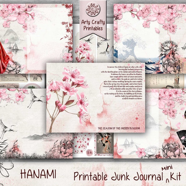 Japanese Sakura Cherry Blossom 25 page Junk Journal Printable mini Kit, Hanami, Spring, Pink, Geisha, Pagoda, Mount Fuji, DIGITAL DOWNLOAD