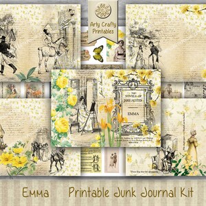 Op de afbeelding: Printbare junk journal kit met een geel bloemmotief. De kit bevat 58 pagina's met A4-afbeeldingen, met illustraties van mensen in vintage kleding, bloemmotieven en tekst uit Jane Austen's roman "Emma".