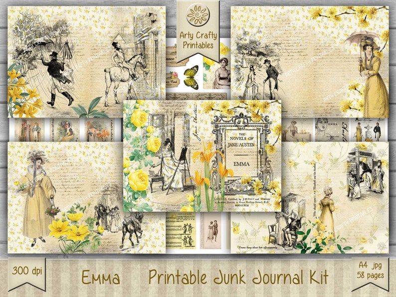 Op de afbeelding: Printbare junk journal kit met een geel bloemmotief. De kit bevat 58 pagina's met A4-afbeeldingen, met illustraties van mensen in vintage kleding, bloemmotieven en tekst uit Jane Austen's roman "Emma".