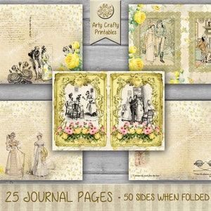 Op de afbeelding: Een set van 25 printbare dagboekpagina's met vintage illustraties van mensen in een Victoriaanse setting. De pagina's zijn versierd met gele rozen en hebben een verweerde, verouderde uitstraling. De tekst op de afbeelding luidt "25 JOURNAL PAGES - 50 SIDES WHEN FOLDED".