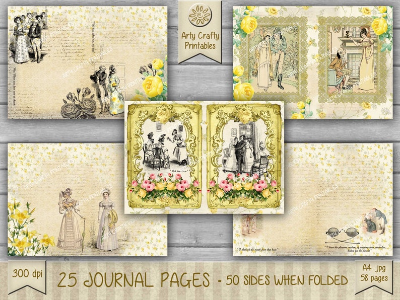 Op de afbeelding: Een set van 25 printbare dagboekpagina's met vintage illustraties van mensen in een Victoriaanse setting. De pagina's zijn versierd met gele rozen en hebben een verweerde, verouderde uitstraling. De tekst op de afbeelding luidt "25 JOURNAL PAGES - 50 SIDES WHEN FOLDED".