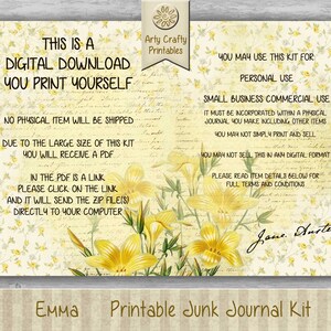 Op de afbeelding: Een digitaal downloadbare printable junk journal kit met een geel bloemenontwerp. De tekst "Dit is een digitale download die je zelf kunt printen" staat bovenaan de afbeelding. De tekst "Emma Printable Junk Journal Kit" staat onderaan de afbeelding. De tekst "A4 jpg 58 pagina's" staat in de rechterbenedenhoek van de afbeelding.