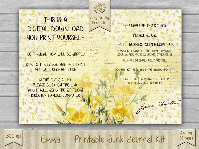 Op de afbeelding: Een digitaal downloadbare printable junk journal kit met een geel bloemenontwerp. De tekst "Dit is een digitale download die je zelf kunt printen" staat bovenaan de afbeelding. De tekst "Emma Printable Junk Journal Kit" staat onderaan de afbeelding. De tekst "A4 jpg 58 pagina's" staat in de rechterbenedenhoek van de afbeelding.