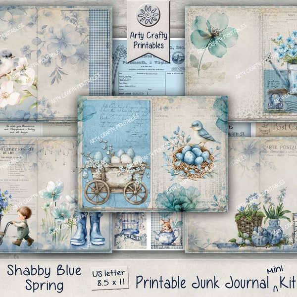 Spring Shabby Blue 29 page Junk Journal Printable Kit, Tulips, Blossom, Season, Seeds, Nature, Floral, Vintage, Rustic, DIGITAL DOWNLOAD