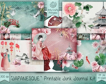 May include: A printable junk journal kit with a Japanese theme. The kit includes 45 pages of digital paper featuring images of cherry blossoms, cranes, pagodas, and other traditional Japanese elements. The paper is designed to be printed on A4 paper and is 300 dpi.