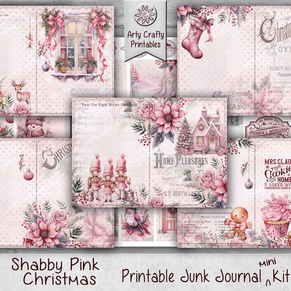 Christmas Shabby Pink 30 page Junk Journal Printable mini Kit, Vintage, Snowman, Ephemera, Card, Christmas Tag, Decoupage, DIGITAL DOWNLOAD