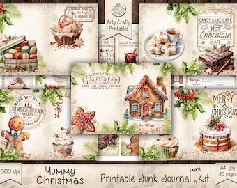 Christmas Yummy Treats 30 page Junk Journal Printable mini Kit, Recipe Book, Cakes, Gingerbread, Cookies, Cocoa, Candy, DIGITAL DOWNLOAD
