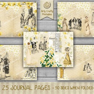 Op de afbeelding: Een set van 25 printbare journalpagina's met vintage illustraties van vrouwen in jurken en bloemenpatronen. De pagina's zijn ontworpen om doormidden te worden gevouwen, waardoor 50 zijden voor journalen ontstaan. De pagina's zijn 300 dpi en in A4-formaat.